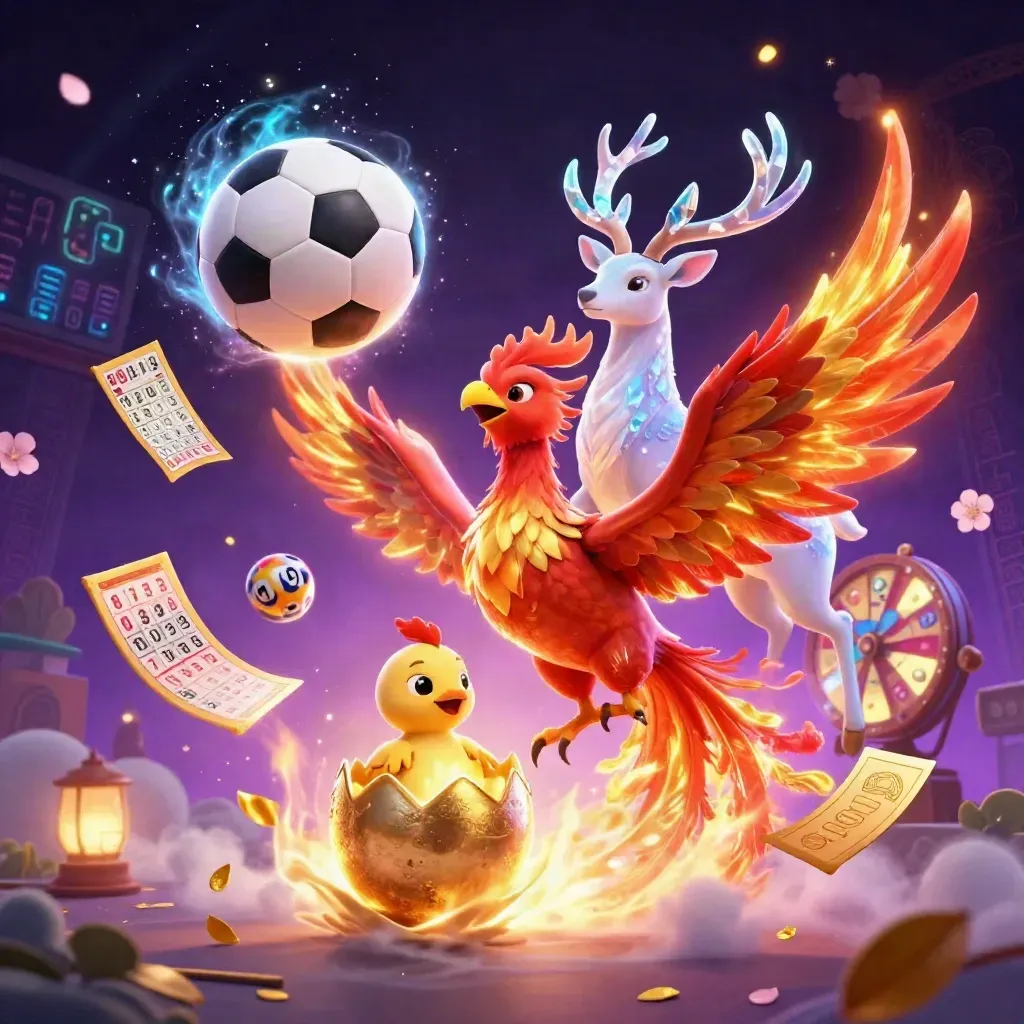 Fire phoenix, baby phoenix, and crystal stag amid casino game icons and glowing magic.