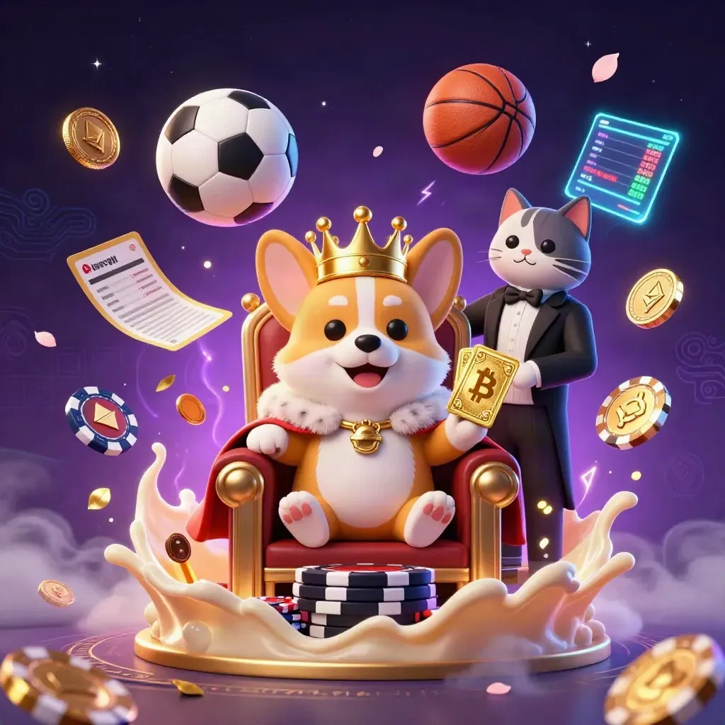 Royal corgi and cat butler amid glowing crypto coins, sports balls, and casino magic.