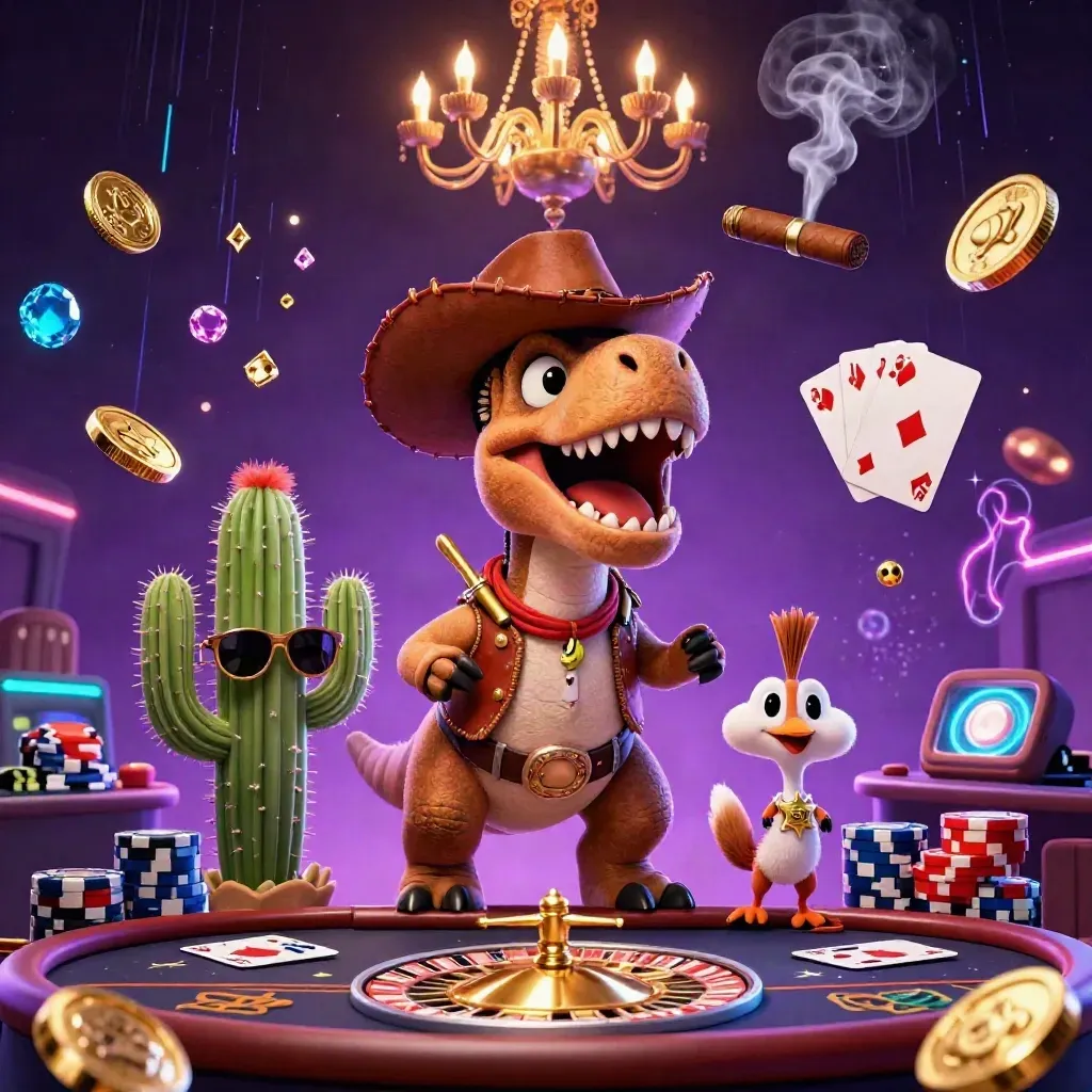 Cowboy T-Rex, cactus, and sheriff roadrunner amid casino lights, coins, gems, and a spinning wheel