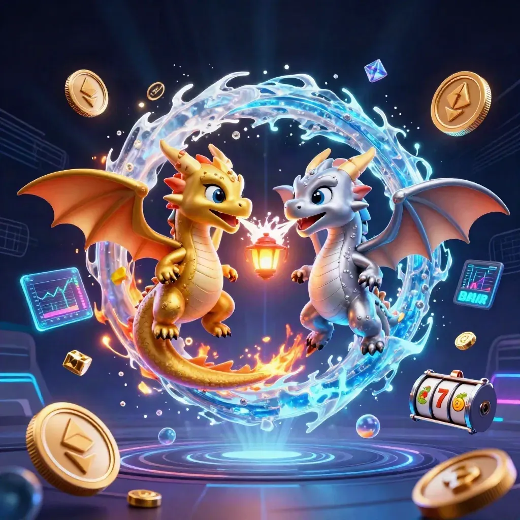 Gold and silver dragons form a neon yin-yang amid coins, reels, gems, and blue glow.