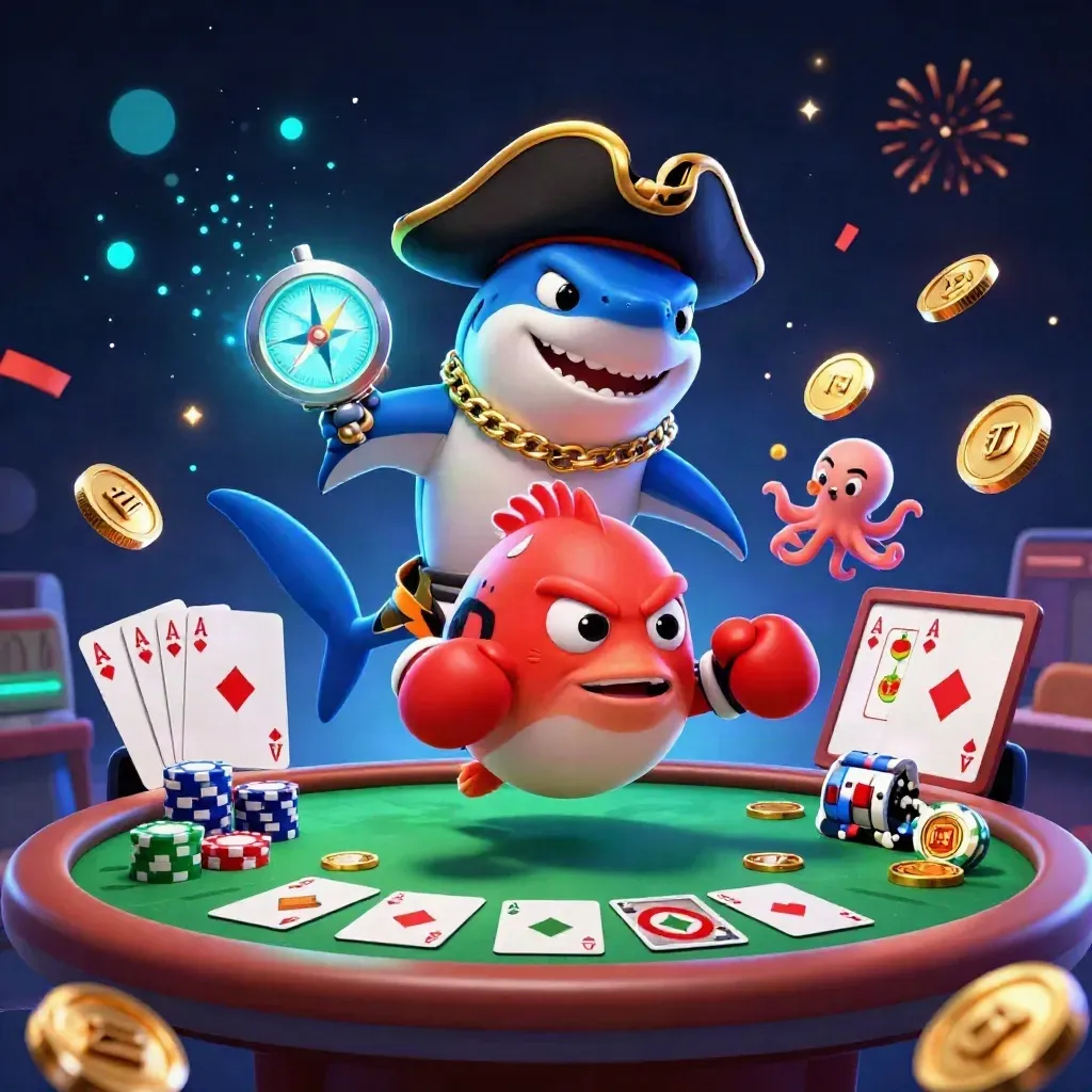 Shark captain, pufferfish boxer, and juggling octopus amid casino cards, chips, and blue magic.