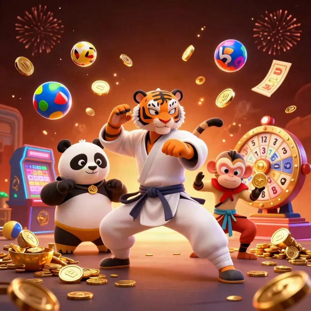 Tiger, panda, and monkey casino heroes amid coins, bingo, prize wheel, fireworks