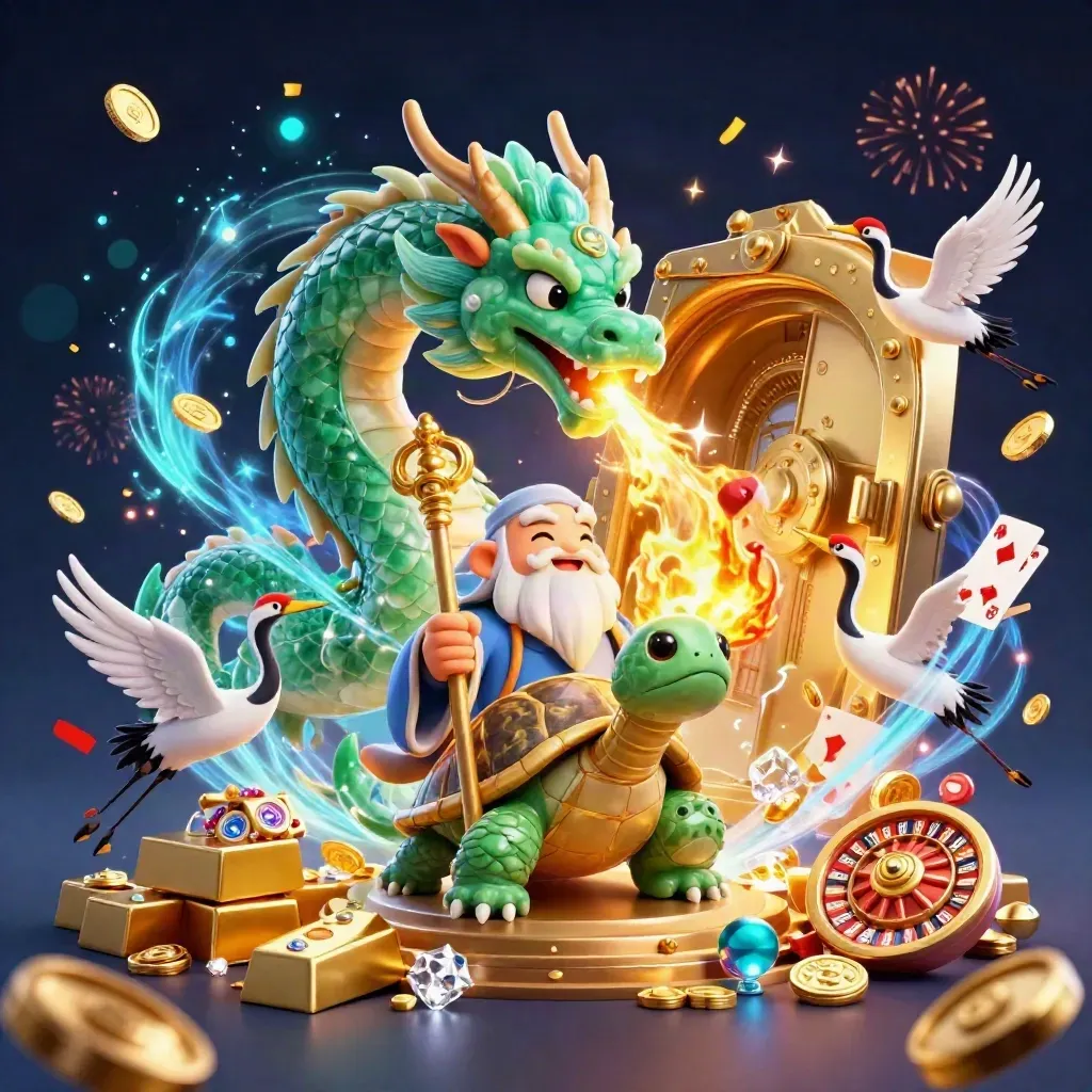 Dragon, turtle sage, and cranes burst from a glowing vault with gold, gems, and casino symbols.