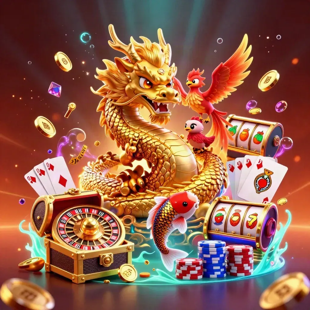 Golden dragon with phoenix and koi amid coins, chips, reels, cards, and neon casino glow.