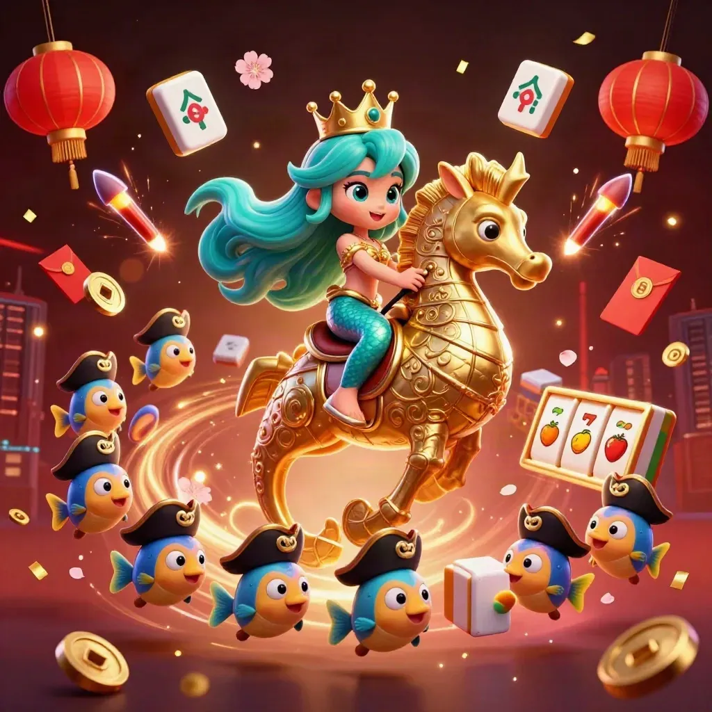 Mermaid princess on armored seahorse amid pirate fish, mahjong tiles, lanterns, coins, fireworks.